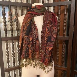 Vintage Y2K Red & Green Reversible Floral Paisley Boho Hippie Fringe Scarf Shawl